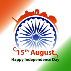 Happy Independence Day India with tricolor flag and ashok chakra greeting vector graphic layout. 15th August template for brochure, flyer, poster, web, print media.