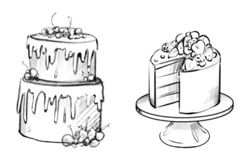 Hand drawing illustration set of cakes on a stand. black and white sketch sweet cakes for wedding invitations. wedding cake sketch pencil vector. Outline black ink hand drawn two-layer cake eat logo
