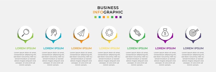 Fototapeta premium Business Infographic design template Vector with icons and 7 seven options or steps. Can be used for process diagram, presentations, workflow layout, banner, flow chart, info graph