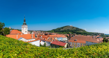 Aerial panorama of Mikulov city, czech republic. The tower of St Wenceslas in foreground. 