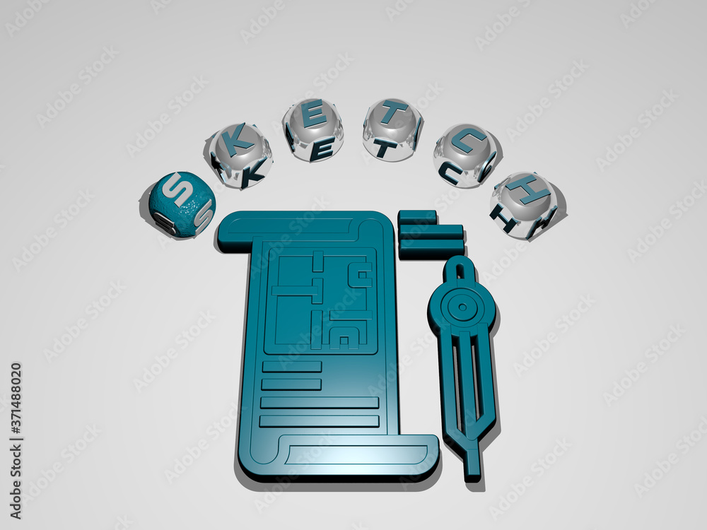Poster sketch circular text of separate letters around the 3d icon - 3d illustration for hand and backgroun