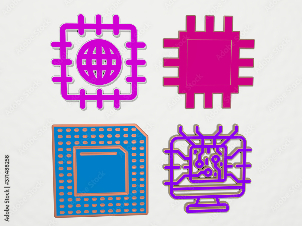 Poster processor 4 icons set - 3d illustration for computer and chip