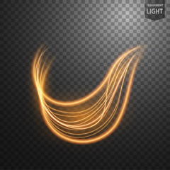 Abstract gold wavy line of light with a transparent background, isolated and easy to edit. Vector Illustration