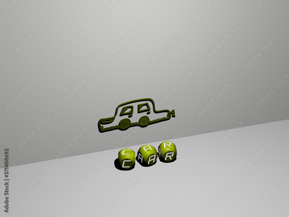 Poster 3d illustration of car graphics and text made by metallic dice letters for the related meanings of t