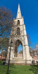 Tower and spire of the ruined church of Saint Andrews also known as the Glovers Needle, Worcester, Worcestershire, UK