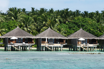 tropical island with thatched bungalows on the background of the sea