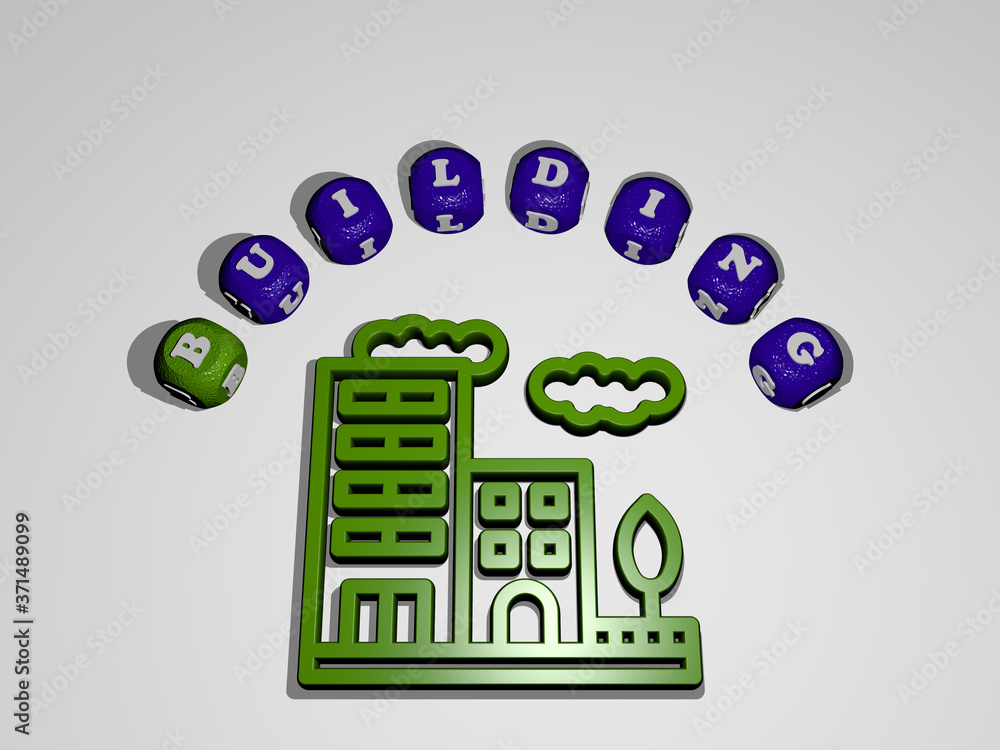 Poster building icon surrounded by the text of individual letters - 3d illustration for architecture and ci