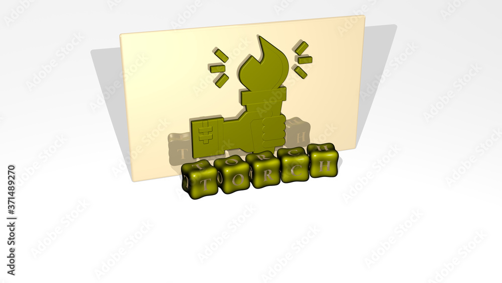 Poster 3d representation of torch with icon on the wall and text arranged by metallic cubic letters on a mi