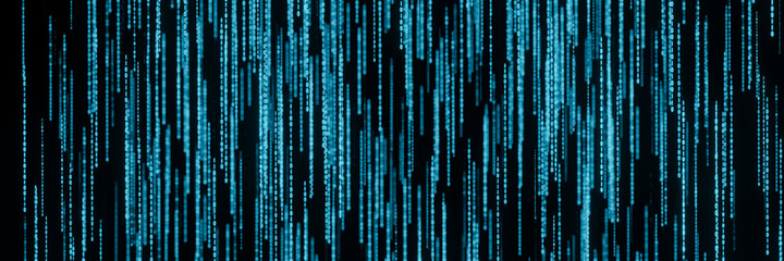 Stream of binary matrix code numbers on the screen panorama 3d rendering