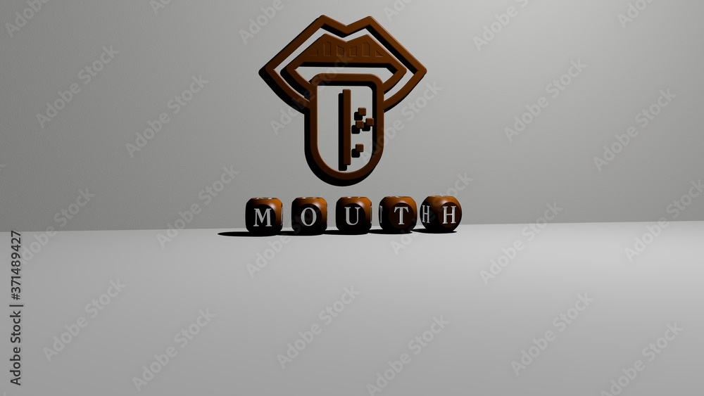 Poster mouth 3d icon on the wall and text of cubic alphabets on the floor - 3d illustration for background 