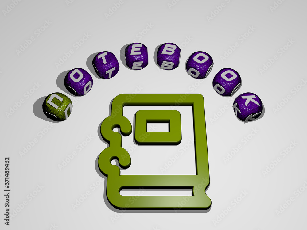 Poster notebook icon surrounded by the text of individual letters - 3d illustration for background and busi