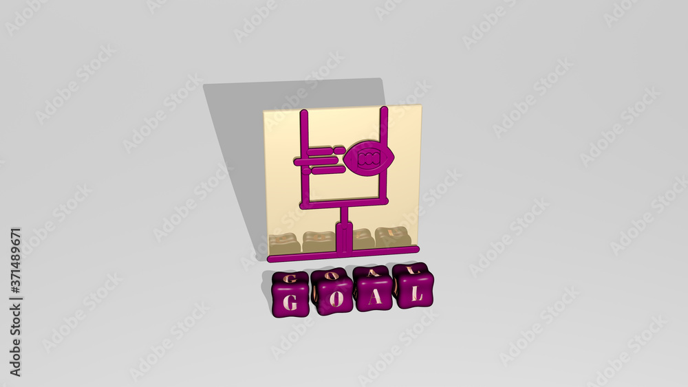 Poster 3d representation of goal with icon on the wall and text arranged by metallic cubic letters on a mir