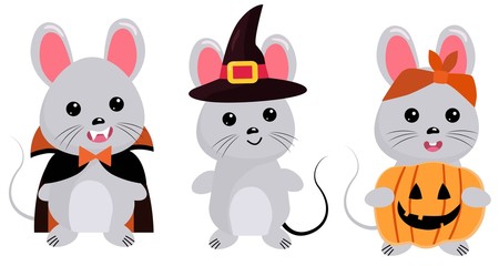 Hand drawn vector illustration of a cute mouse, halloween costume. Vector Illustration.