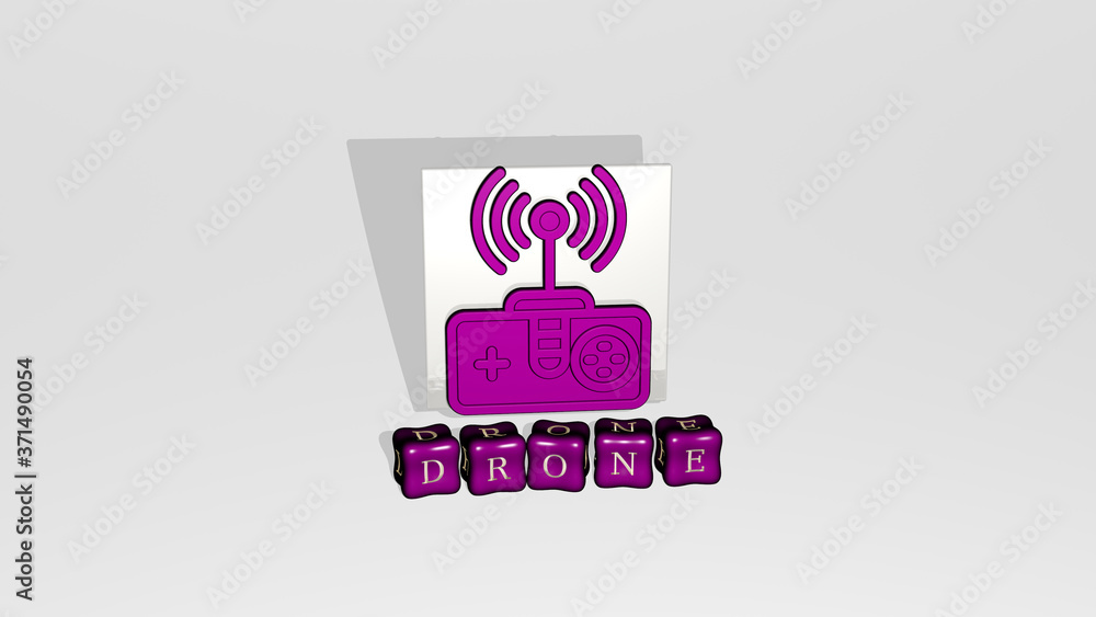 Poster 3d illustration of drone graphics and text made by metallic dice letters for the related meanings of