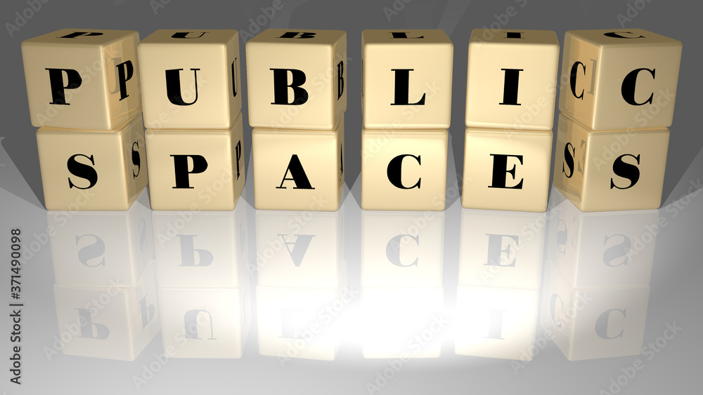Poster public spaces text of cubic dice letters on the floor and 3d icon on the wall - 3d illustration for 