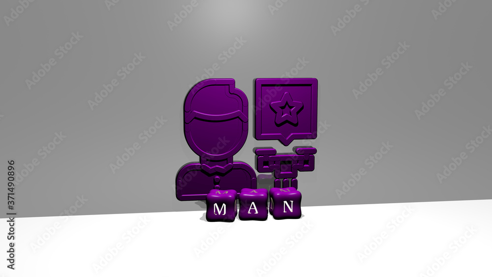 Aufkleber 3d graphical image of man vertically along with text built by metallic cubic letters from the top pe