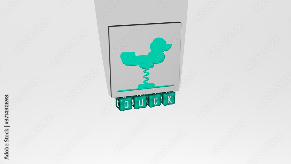 Poster 3d representation of duck with icon on the wall and text arranged by metallic cubic letters on a mir