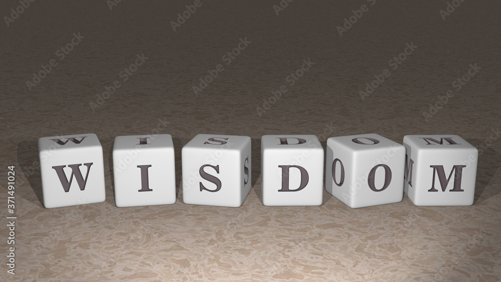 Poster alphabetic wisdom arranged by cubic letters on a mirror floor, concept meaning and presentation in 3