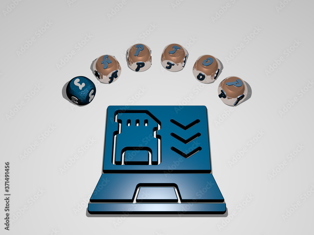 Poster laptop circular text of separate letters around the 3d icon - 3d illustration for computer and busin