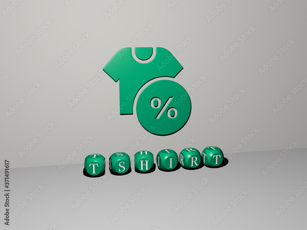Poster tshirt 3d icon on the wall and text of cubic alphabets on the floor - 3d illustration for design and
