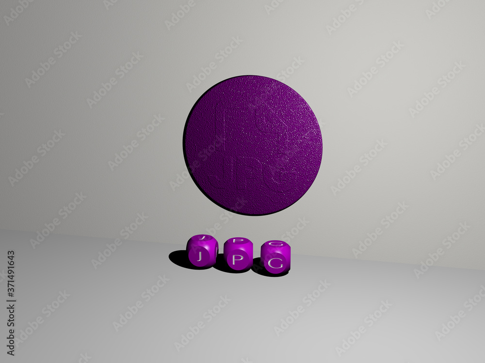 Aufkleber 3d representation of jpg with icon on the wall and text arranged by metallic cubic letters on a mirr