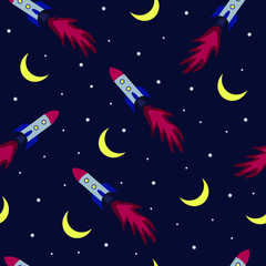 
Seamless pattern on the theme of space. Comic rockets, stars and the moon. Vector illustration on a dark background.