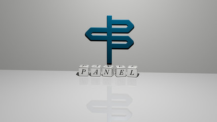 PANEL text of cubic dice letters on the floor and 3D icon on the wall - 3D illustration for background and design