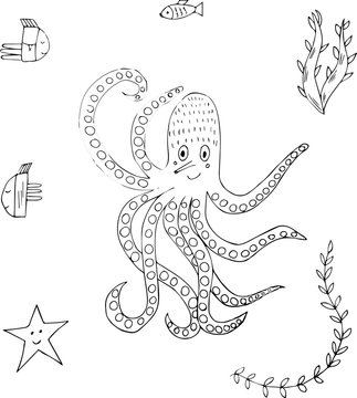 Doodle a cheerful octopus with fish and sea plants. The water world.