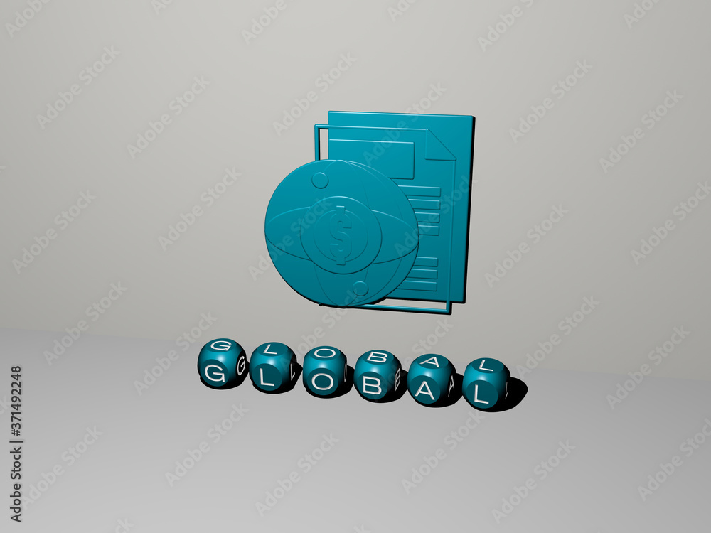 Poster global 3d icon on the wall and text of cubic alphabets on the floor - 3d illustration for concept an