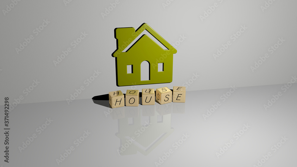 Poster house text of cubic dice letters on the floor and 3d icon on the wall - 3d illustration for building