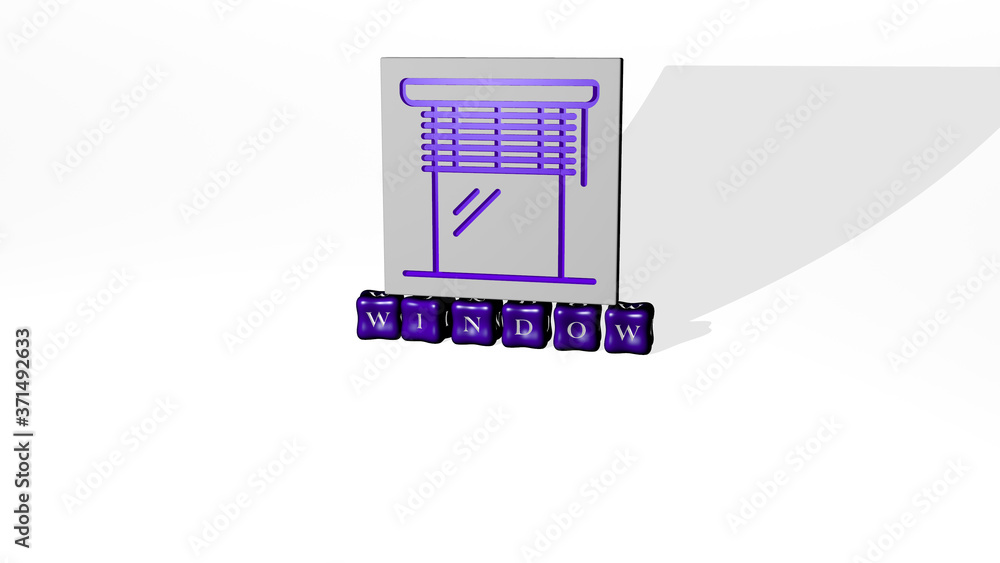 Poster 3d graphical image of window vertically along with text built by metallic cubic letters from the top