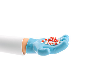 3d illustration. Cartoon character hand in medical glove holding  a handful of pills.