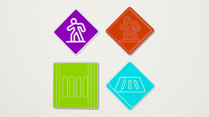 pedestrian crossing colorful set of icons - 3D illustration