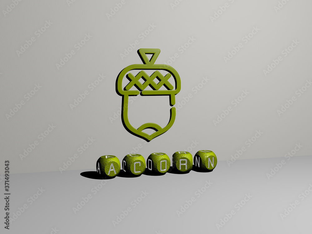 Poster acorn 3d icon on the wall and text of cubic alphabets on the floor - 3d illustration for autumn and 