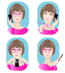 Portrait of a girl in glasses with a mobile phone, a smartphone in different poses. Color image, set of profiles.