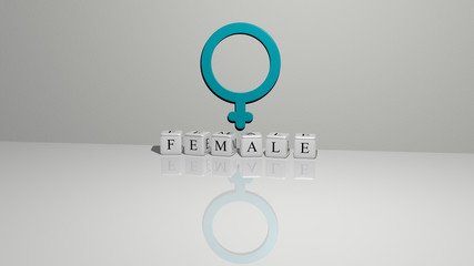 FEMALE text of cubic dice letters on the floor and 3D icon on the wall - 3D illustration for woman and beautiful