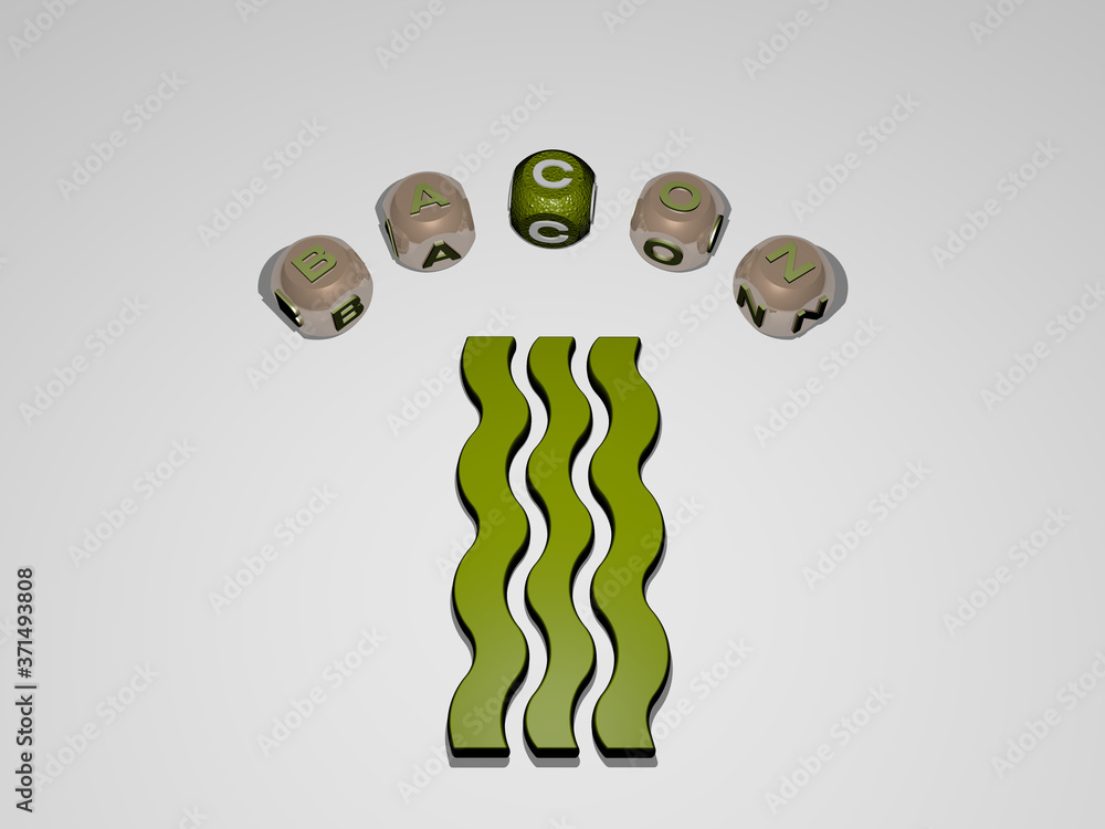 Poster bacon circular text of separate letters around the 3d icon - 3d illustration for background and chee