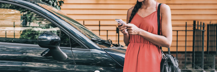 Car sharing rideshare mobile phone app woman using smartphone online to rent on travel holiday....
