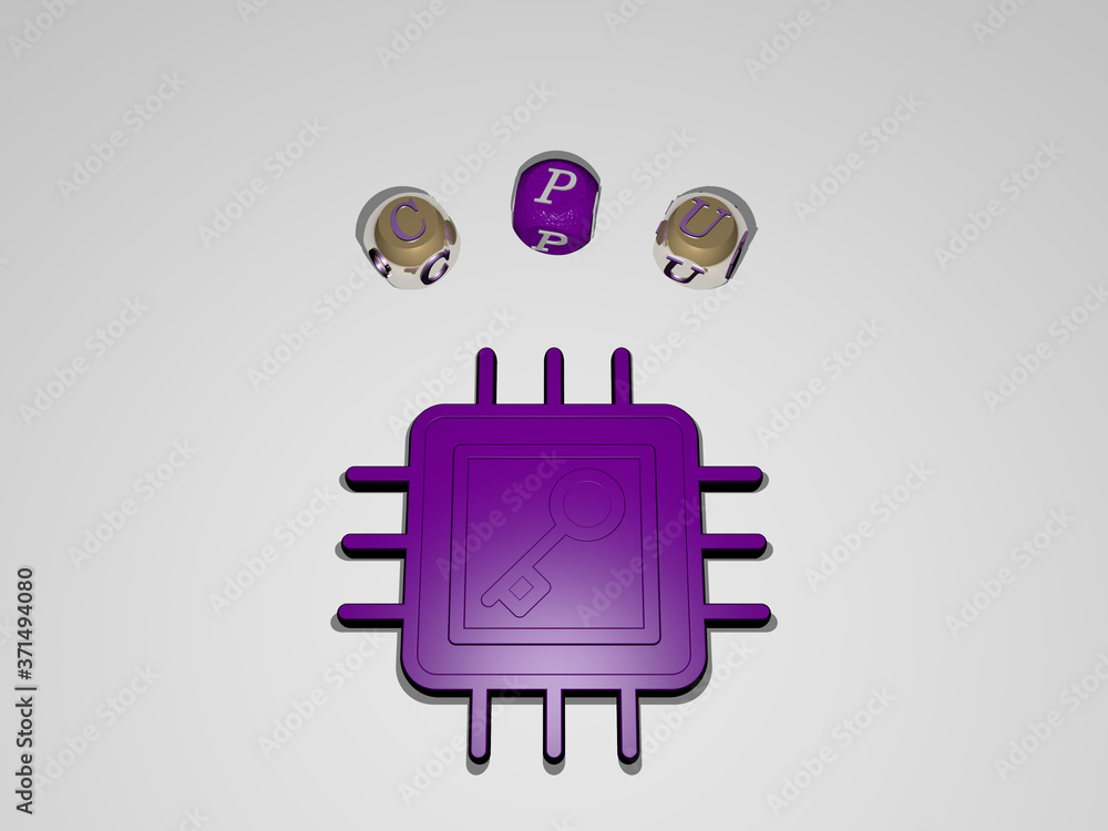 Poster cpu circular text of separate letters around the 3d icon - 3d illustration for computer and backgrou
