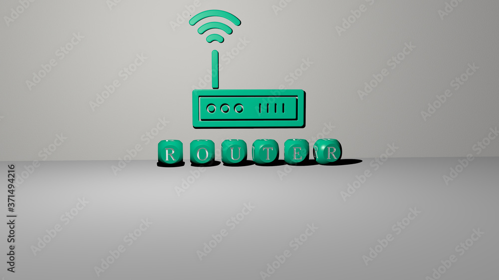 Poster router 3d icon on the wall and text of cubic alphabets on the floor - 3d illustration for internet a