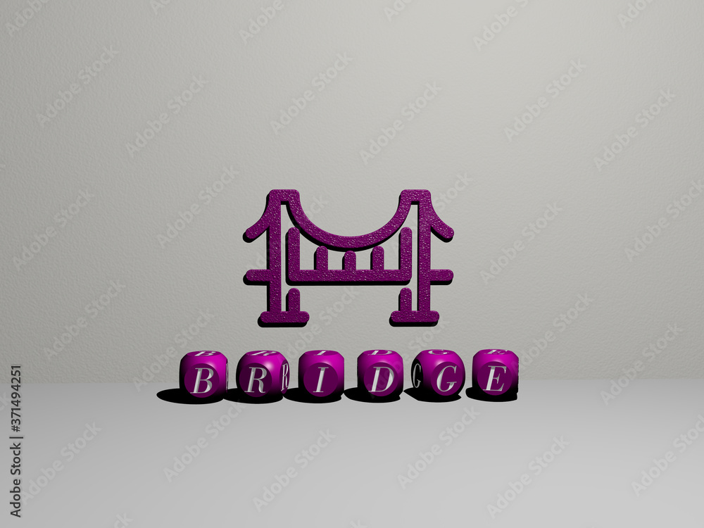 Poster 3d representation of bridge with icon on the wall and text arranged by metallic cubic letters on a m