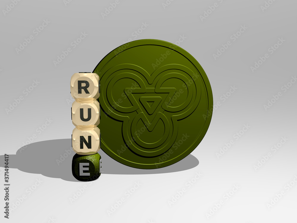 Poster 3d graphical image of rune vertically along with text built around the icon by metallic cubic letter