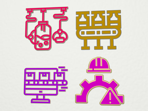 PRODUCTION 4 icons set - 3D illustration for factory and background