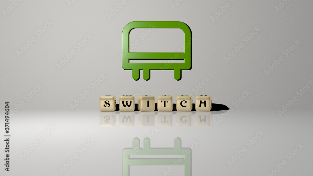 Poster switch text of cubic dice letters on the floor and 3d icon on the wall - 3d illustration for backgro