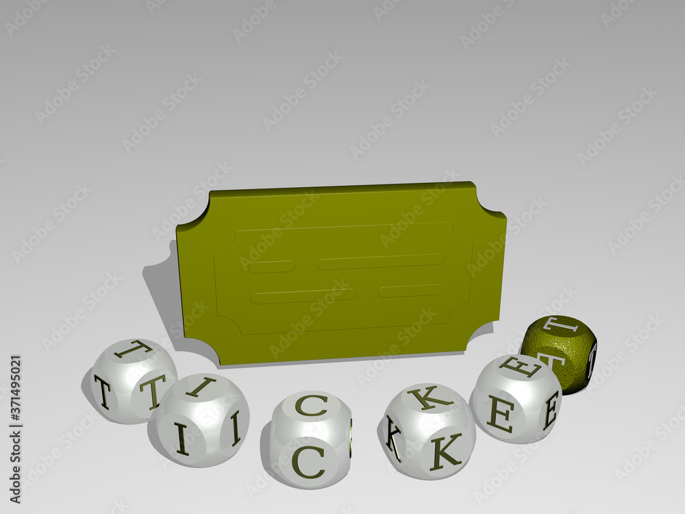 Poster ticket round text of cubic letters around 3d icon - 3d illustration for background and design