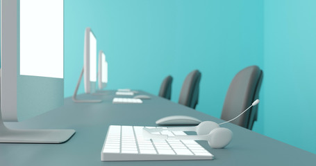 3D rendering, Focus the white headset is placed on a white keyboard, copy space, 3D illustration