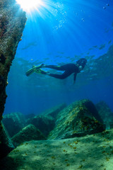 a scuba diver swims  above a Mediterranean seabed