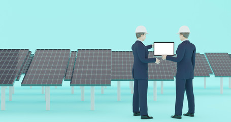 3D rendering , 2 Engineers checking the solar panel by computer laptop at solar farm, green energy concept, 3D illustration