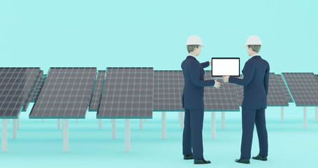 Obraz premium 3D rendering , 2 Engineers checking the solar panel by computer laptop at solar farm, green energy concept, 3D illustration