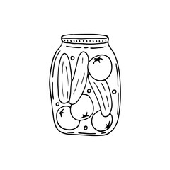 Doodle image of pickling tomato and cucumber in a jar. Vector for textile, web, print, gift wrapping. Autumn preparation of products for the winter.